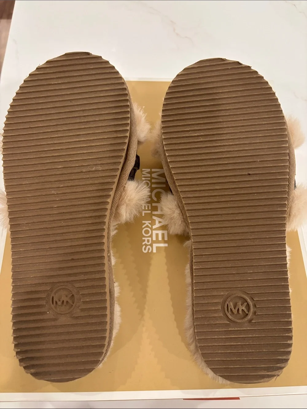 Michael Kors Plush Tan Faux-Fur Slide Sandals with Gold Chain Detail